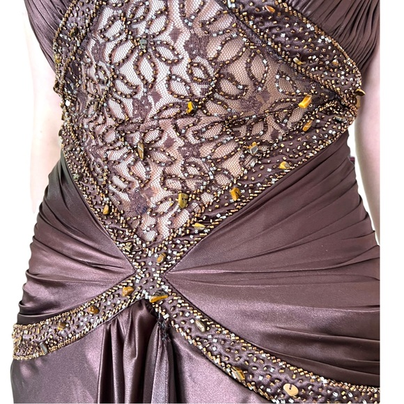 ALYCE DESIGNS Chocolate Brown Satin Formal Gown With Train and Cutout Midriff - Picture 13 of 16